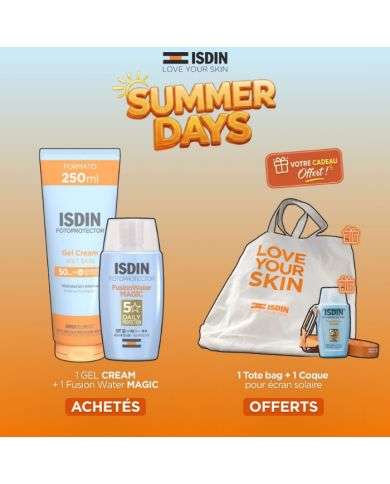 ISDIN OFFRE FOTOPROTECTOR GEL CREME + FUSION WATER MAGIC ACHETES + TOTE BAG ET COQUE ECRAN OFFERTS