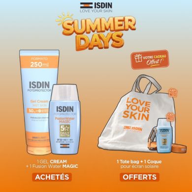 ISDIN OFFRE FOTOPROTECTOR GEL CREME + FUSION WATER MAGIC ACHETES + TOTE BAG ET COQUE ECRAN OFFERTS