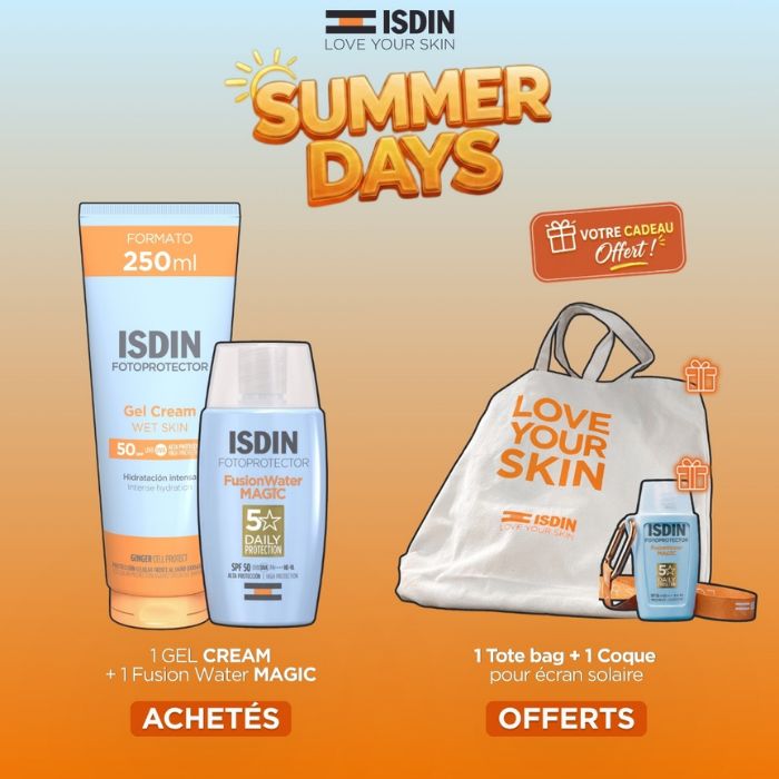ISDIN OFFRE FOTOPROTECTOR GEL CREME + FUSION WATER MAGIC ACHETES + TOTE BAG ET COQUE ECRAN OFFERTS