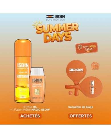 ISDIN OFFRE HYDRO OIL SPF30 200 ML + FOTOPROTECTOR FUSION WATER MAGIC GLOW SPF50 + RAQUETTES DE PLAGE OFFERTES