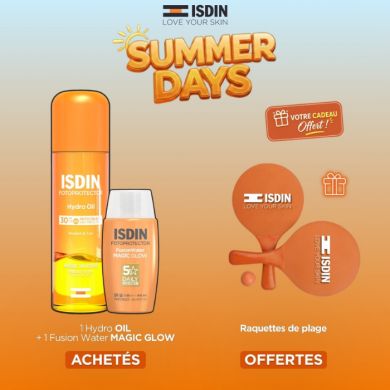 ISDIN OFFRE HYDRO OIL SPF30 200 ML + FOTOPROTECTOR FUSION WATER MAGIC GLOW SPF50 + RAQUETTES DE PLAGE OFFERTES
