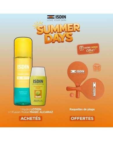 ISDIN OFFRE HYDRO LOTION SPF50 200 ML + FUSION WATER MAGIC ALCARAZ SPF50 + RAQUETTES DE PLAGE OFFERTES