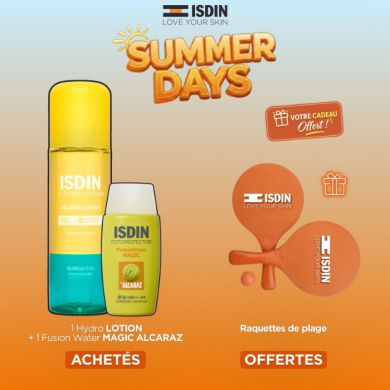 ISDIN OFFRE HYDRO OIL SPF50 200 ML + FUSION WATER MAGIC ALCARAZ SPF50 + RAQUETTES DE PLAGE OFFERTES