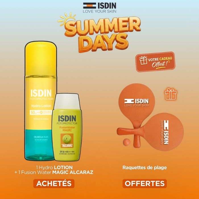 ISDIN OFFRE HYDRO OIL SPF50 200 ML + FUSION WATER MAGIC ALCARAZ SPF50 + RAQUETTES DE PLAGE OFFERTES