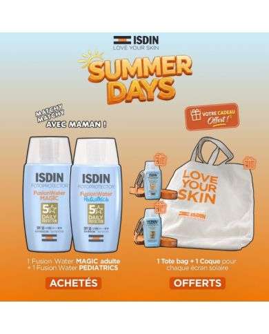 ISDIN OFFRE FUSION WATER MAGIC + FUSION WATER PEDIATRICS +1 TOTE BAG + 2 COQUES ECRAN OFFERTS