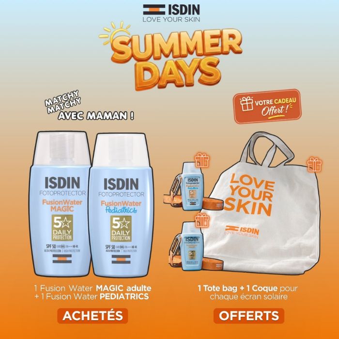 ISDIN OFFRE FUSION WATER MAGIC + FUSION WATER PEDIATRICS +1 TOTE BAG + 2 COQUES ECRAN OFFERTS