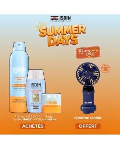 ISDIN OFFRE TRANSPARENT SPRAY +FUSION WATER MAGIC + STICK INVISIBLE +VENTILATEUR PORTABLE OFFERT