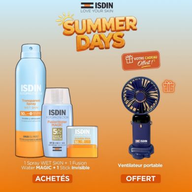 ISDIN OFFRE TRANSPARENT SPRAY +FUSION WATER MAGIC + STICK INVISIBLE +VENTILATEUR PORTABLE OFFERT
