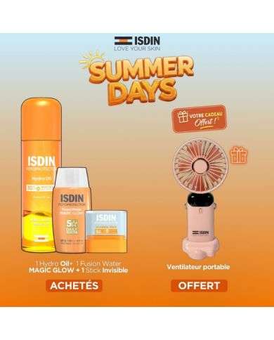 ISDIN OFFRE HYDRO OIL SPF30 +FUSION WATER MAGIC GLOW + STICK INVISIBLE +VENTILATEUR PORTABLE OFFERT