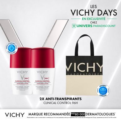 VICHY OFFFRE A L ACHAT DE 2 CLINICAL CONTROL DETRANSPIRANT EXCESSIVE 96 H + UN TOTE BAG OFFERT