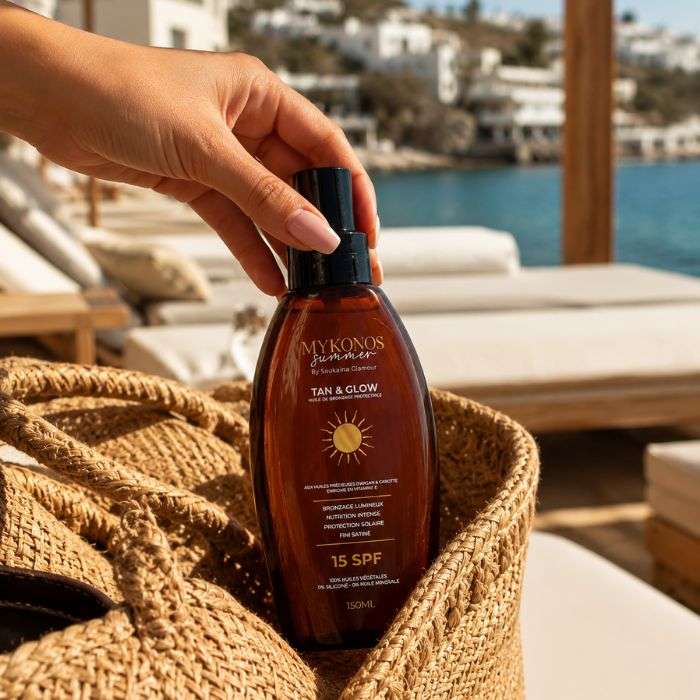 MYKONOS SUMMER TAN AND GLOW HUILE DE BRONZAGE PROTECTRICE 15 SPF 150ML