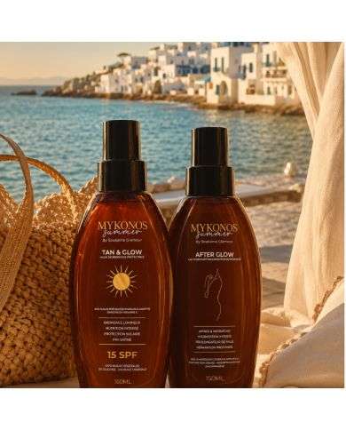 MYKONOS DUO SUMMER TAN AND GLOW HUILE DE BRONZAGE PROTECTRICE 15 SPF 150ML + AFTER GLOW LAIT HYDRATANT 150ML
