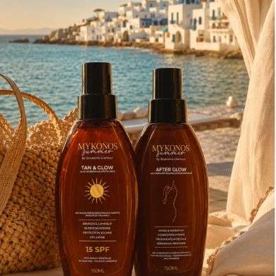 MYKONOS DUO SUMMER TAN AND GLOW HUILE DE BRONZAGE PROTECTRICE 15 SPF 150ML + AFTER GLOW LAOT HYDRATANT 150ML