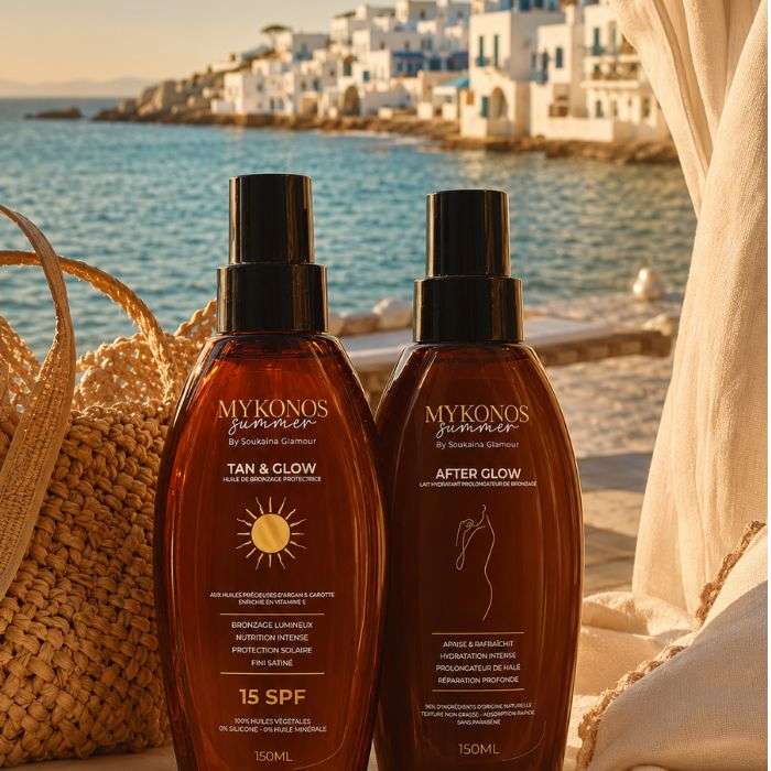 MYKONOS DUO SUMMER TAN AND GLOW HUILE DE BRONZAGE PROTECTRICE 15 SPF 150ML + AFTER GLOW LAOT HYDRATANT 150ML