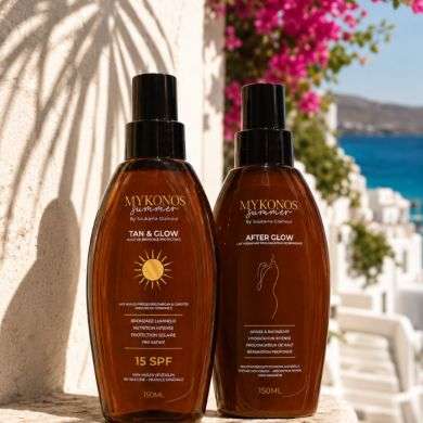 MYKONOS DUO SUMMER TAN AND GLOW HUILE DE BRONZAGE PROTECTRICE 15 SPF 150ML + AFTER GLOW LAOT HYDRATANT 150ML
