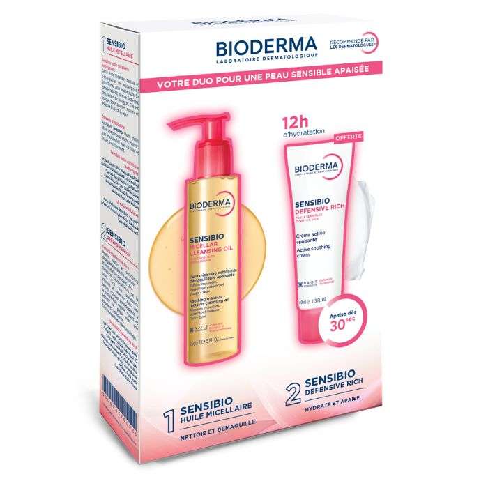BIODERMA SENSIBIO HUILE NETTOYANTE DEMAQUILLANTE 150 ML + SENSIBIO DEFENSIVE RICH CREME ACTIVE APAISANTE 40 ML OFFERTE