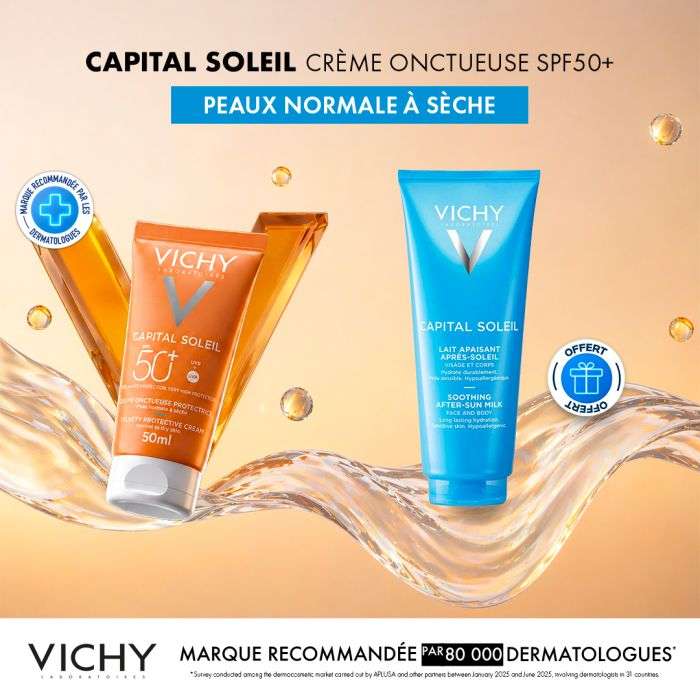 VICHY OFFRE CAPITAL SOLEIL CREME ONCTUEUSE PROTECTRICE PEAU NORMALE A SECHE SPF 50+ 50 ML + CAPITAL SOLEIL 100 ML