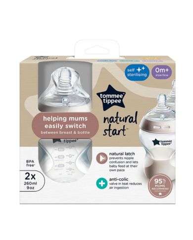 TOMMEE TIPPEE NAURAL START PACK DE 2 BIBERON ANTI COLIC 0 MOIS+ DEBIT LENT 260 ML BLANC
