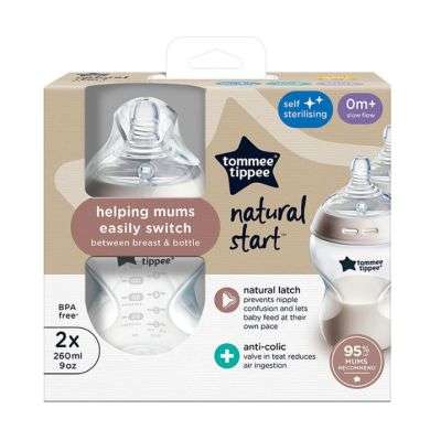 TOMMEE TIPPEE NAURAL START PACK DE 2 BIBERON ANTI COLIC 0M+ DEBIT LENT 260 ML