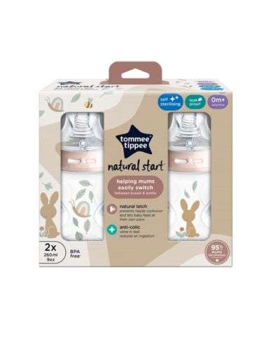 TOMMEE TIPPEE NAURAL START PACK DE 2 BIBERON ANTI COLIC 0 MOIS+ DEBIT LENT 260 ML ROSE