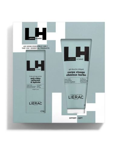 LIERAC HOMME OFFRE FLUIDE ANTI AGE GLOBAL 50 ML + GEL DOUCHE CORPS VISAGE CHEVEUX BARBE 200 ML OFFERT