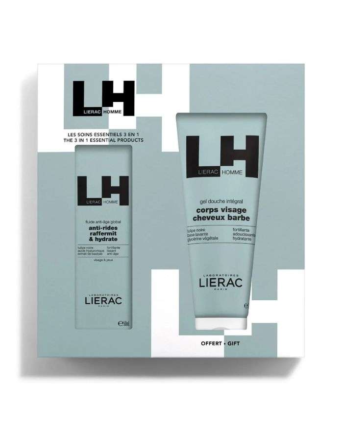LIERAC HOMME OFFRE FLUIDE ANTI AGE GLOBAL 50 ML + GEL DOUCHE CORPS VISAGE CHEVEUX BARBE 200 ML OFFERT