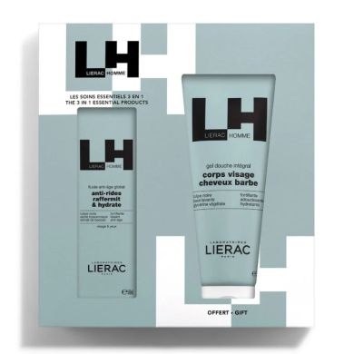 LIERAC HOMME OFFRE FLUIDE ANTI AGE GLOBAL 50 ML + GEL DOUCHE CORPS VISAGE CHEVEUX BARBE 200 ML OFFERT