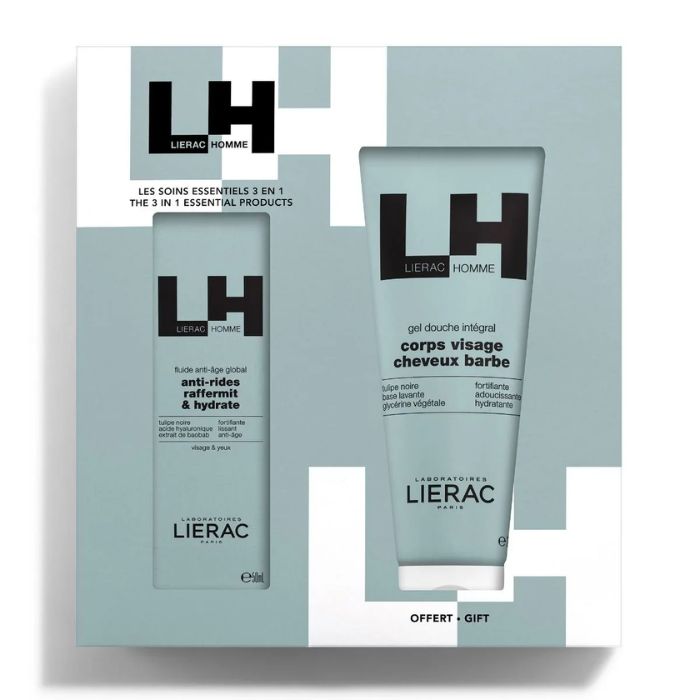 LIERAC HOMME OFFRE FLUIDE ANTI AGE GLOBAL 50 ML + GEL DOUCHE CORPS VISAGE CHEVEUX BARBE 200 ML OFFERT