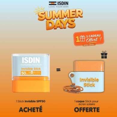 ISDIN OFFRE FOTOPROTECTOR INVISIBLE STICK SPF 50 10 G + 1 COQUE STICK POUR ECRAN SOLAIRE OFFERTE