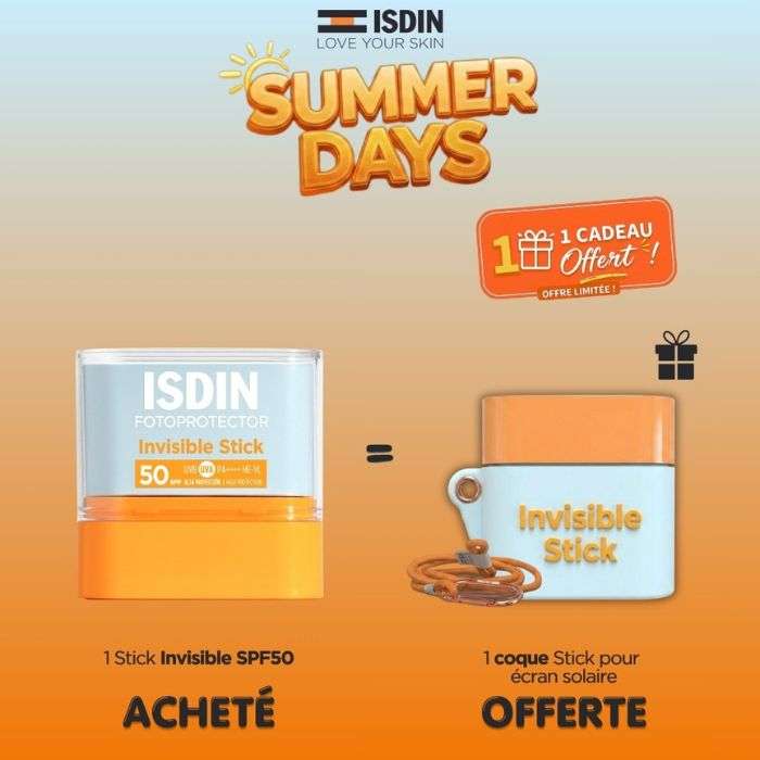 ISDIN OFFRE FOTOPROTECTOR INVISIBLE STICK SPF 50 10 G + 1 COQUE STICK POUR ECRAN SOLAIRE OFFERTE