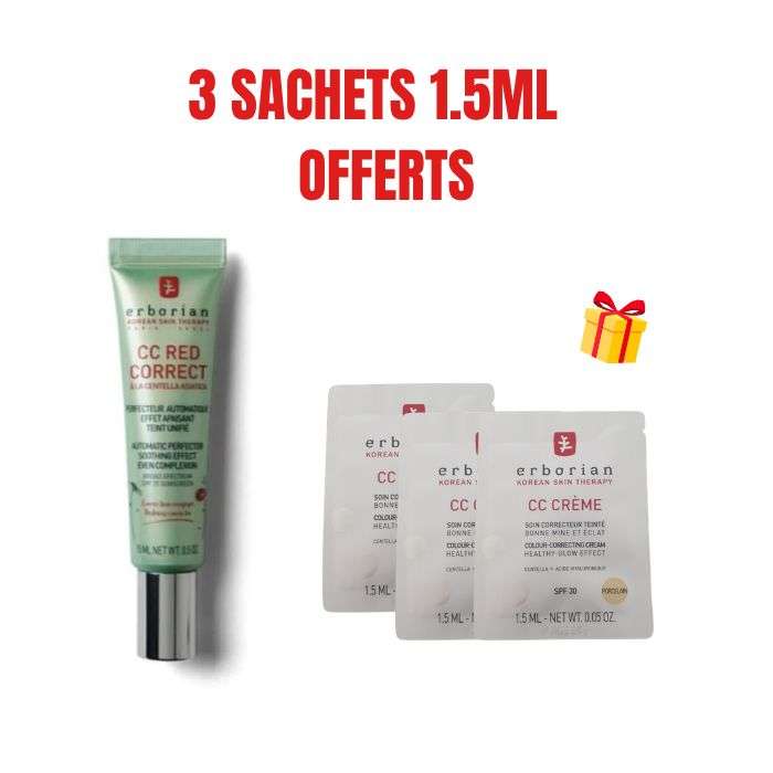 ERBORIAN OFFRE CC RED CORRECT CENTELLA ASIATICA EFFET APAISANT SPF25 15 ML + 3 SACHETS OFFERTS