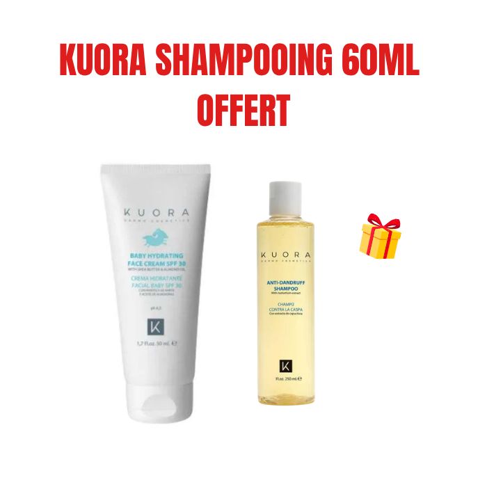 KUORA OFFRE CREME HYDRATANTE VISAGE POUR BEBES SPF 30 AU BEURRE DE KARITE ET A L HUILE D AMANDE 50 ML + SHAMPOOING OFFERT