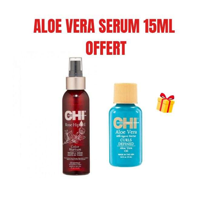 CHI OFFRE ROSE HIP OIL REPARATION ET BRILLANCE LEAVE IN TONIC 118ML +ALOE VERA SERUM 15ML OFFERT