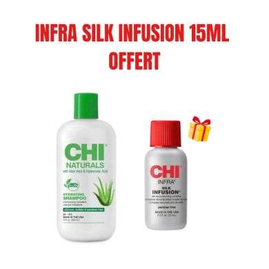 CHI OFFRE NATURALS ALOE VERA ET HYALURONIQUE ACIDE SHAMPOOING HYDRATANT 355 ML + INFRA SILK SERUM 15ML OFFERT