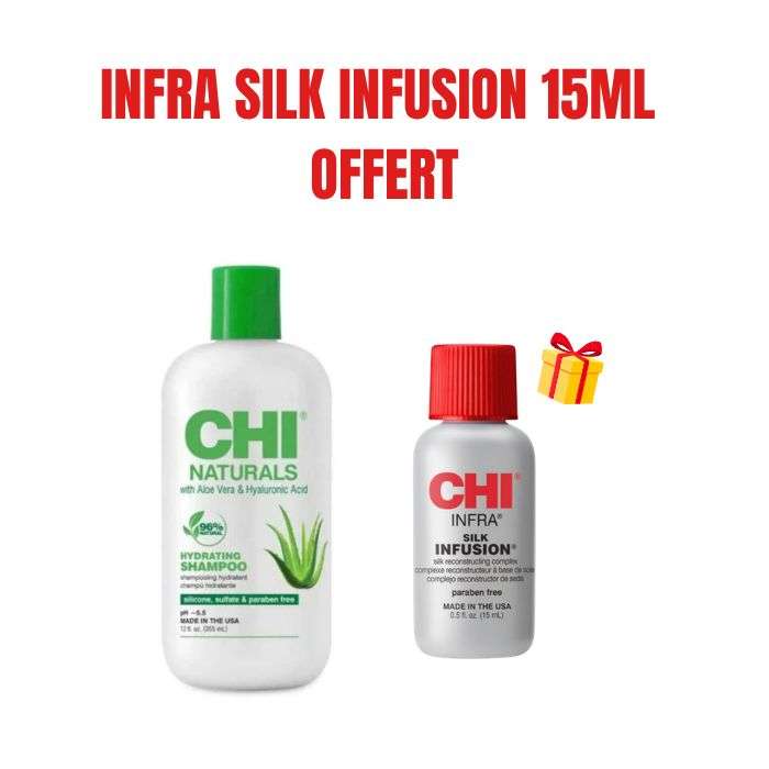 CHI OFFRE NATURALS ALOE VERA ET HYALURONIQUE ACIDE SHAMPOOING HYDRATANT 355 ML + INFRA SILK SERUM 15ML OFFERT