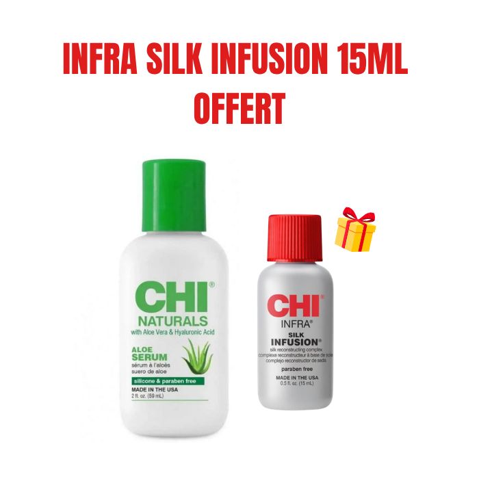 CHI OFFRE NATURALS ALOE VERA ET HYALURONIQUE ACIDE SERUM 59 ML + INFRA SILK SERUM 15ML OFFERT