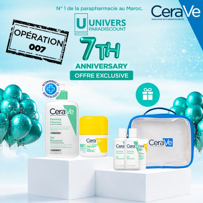 CERAVE OFFRE GEL MOUSSANT PEAUX NORMALE A GRASSE 473ML + FLUIDE INVISIBLE TOUCHER SEC SPF 50+ + TROUSSE ET 3 FORMATS VOYAGE OFFE