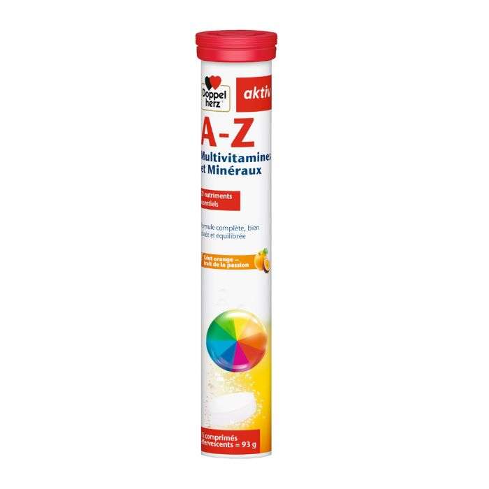 DOPPELHERZ AKTIV A-Z MULTIVITAMINES ET MINERAUX GOUT ORANGE FRUIT DE PASSION 15 COMPRIMES