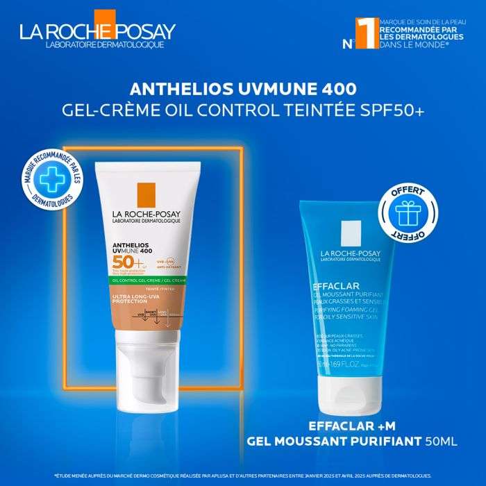 LA ROCHE POSAY OFFRE ANTHELIOS UVMUNE 400 GEL CREME OIL CONTROL TEINTE SPF 50 + GEL MOUSSANT 50ML OFFERT