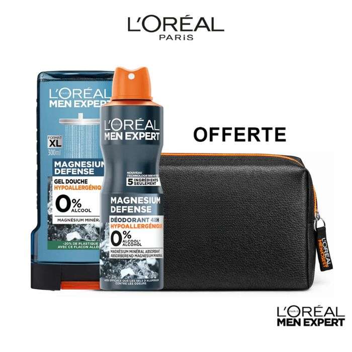 L'OREAL MEN EXPERT OFFRE DUO MAGNESIUM DEFENSEATOMISEUR 48 H 150 ML + GEL DOUCHE 300 ML + TROUSSE OFFERTE