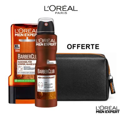 L'OREAL MEN EXPERT OFFRE DUO BARBER CLUBDEODORANT ATOMISEUR PROTECTION 48 H 150 ML + GEL DOUCHE 300 ML + TROUSSE OFFERTE