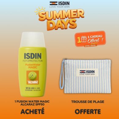 ISDIN OFFRE FOTOPROTECTOR FUSION WATER MAGIC SPF 50 BY ALCARAZ 50 ML + TROUSSE DE PLAGE OFFERTE