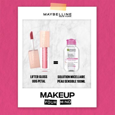 MAYBELLINE OFFRE LIFTER GLOSS 005 PETAL + SOLUTION MICELLAIRE PEAU SENSIBLE 100 OFFERT ML