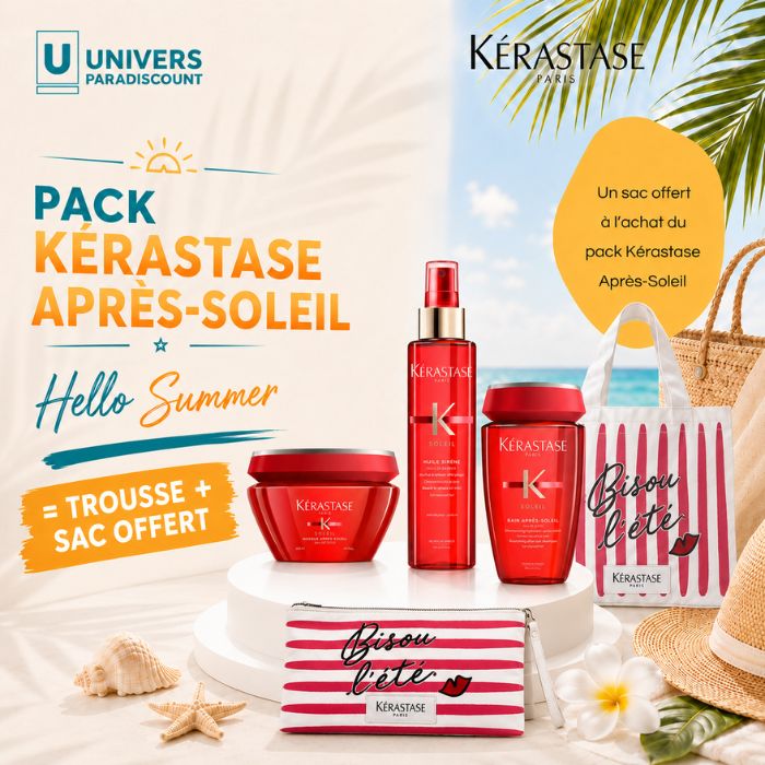 KERASTASE PACK SOLEIL BAIN 250 ML + HUILE 150 ML + MASQUE 200 ML + TROUSSE ET SAC OFFERT