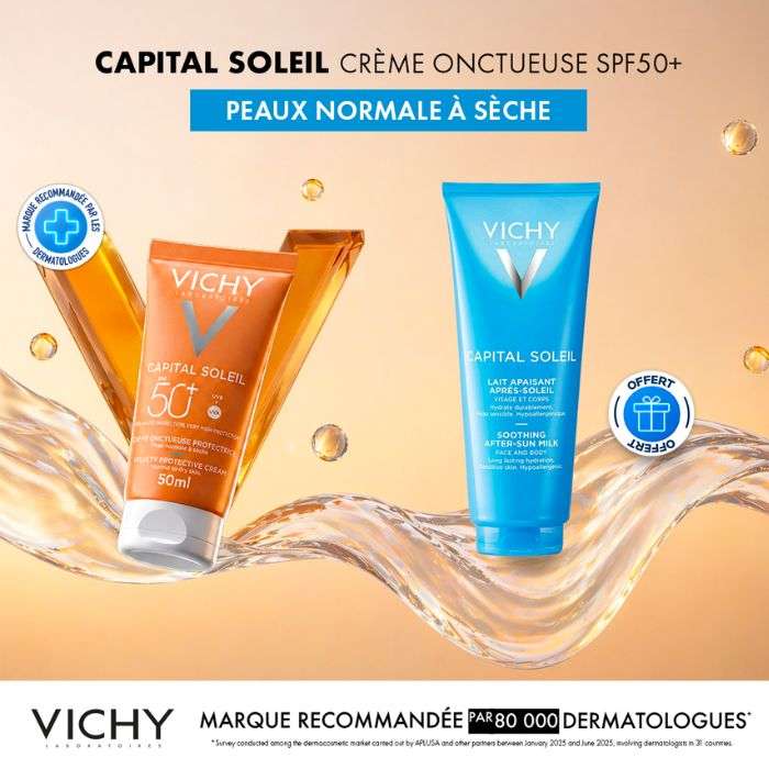 VICHY OFFRE CAPITAL SOLEIL CREME ONCTUEUSE PROTECTRICE PEAU NORMALE A SECHE SPF 50+ 50 ML + CAPITAL SOLEIL 100 ML