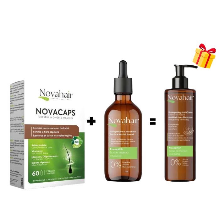 NOVAHAIR OFFRE NOVACAPS 60 GELULES + HUILE 100ML + SHAMPOING 125ML OFFERT