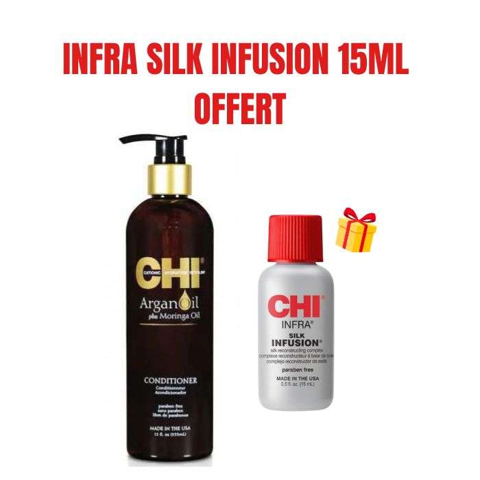 CHI OFFRE ARGAN OIL ET MORINGA APRES SHAMPOOING 340 ML + INFRA SILK INFUSION 15 ML OFFERT