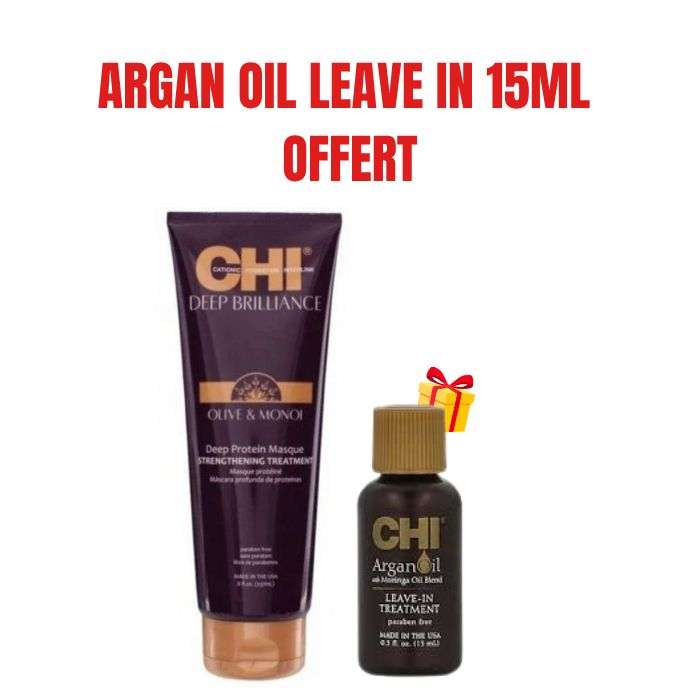 CHI OFFRE DEEP BRILLANCE MASQUE PROTEINE HUILE D'OLIVE ET MONOI + ARGAN OIL LEAVE IN TREATMENT 15 ML OFFERT