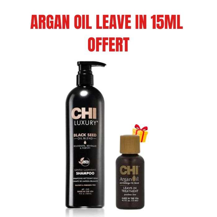 CHI OFFRE LUXURY BLACK SEED SHAMPOING NETTOYANT DOUX 739 ML + ARGAN OIL LEAVE IN TREATMENT 15 ML OFFERT