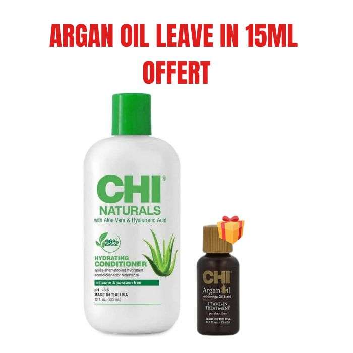 CHI OFFRE NATURALS ALOE VERA ET HYALURONIQUE ACIDE CONDITIONNER HYDRATANT 355 ML + ARGAN OIL LEAVE IN TREATMENT 15 ML OFFERT